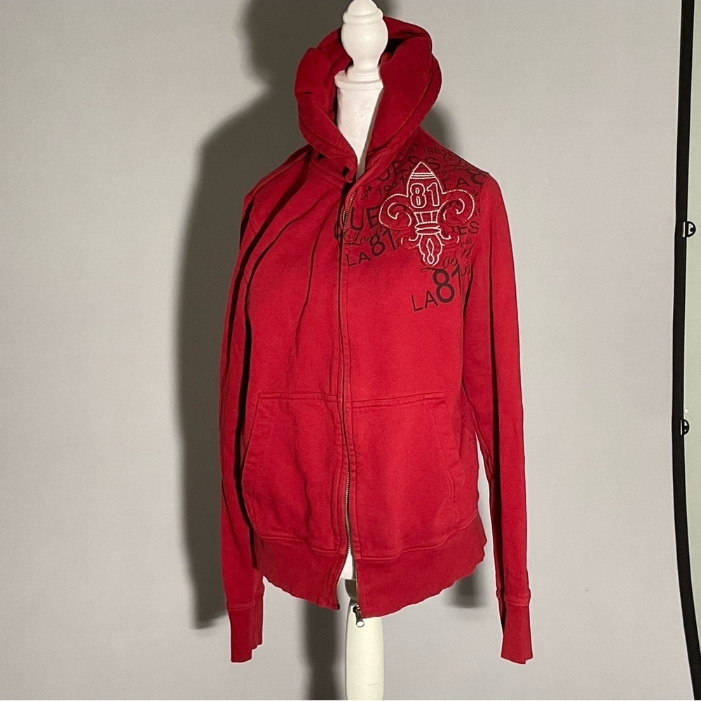 GUESS Red Zip Hoodie Y2K Logo Graphic Size S